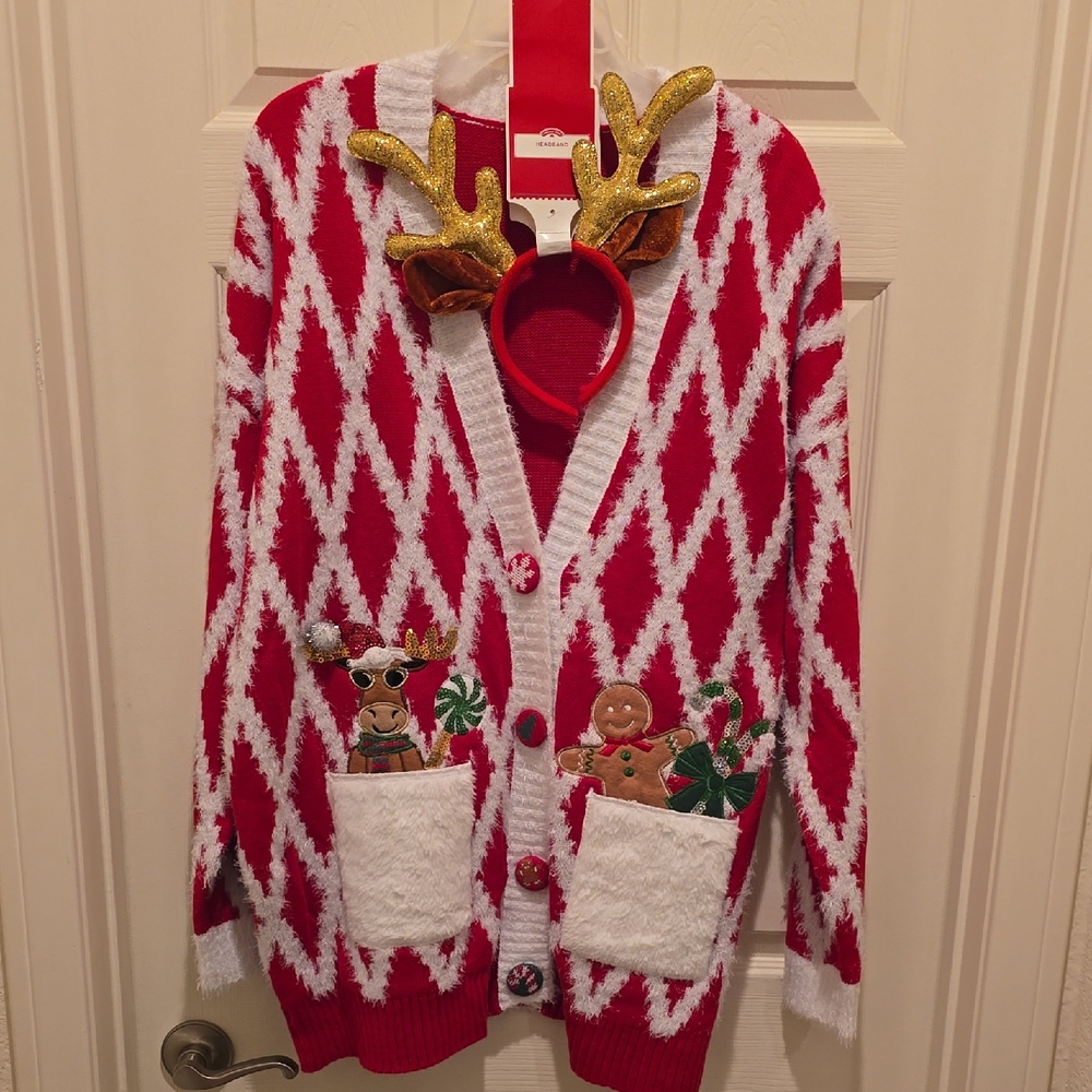 Festive Christmas Red and White Button Up Cardigan with Reindeer Antlers NWT